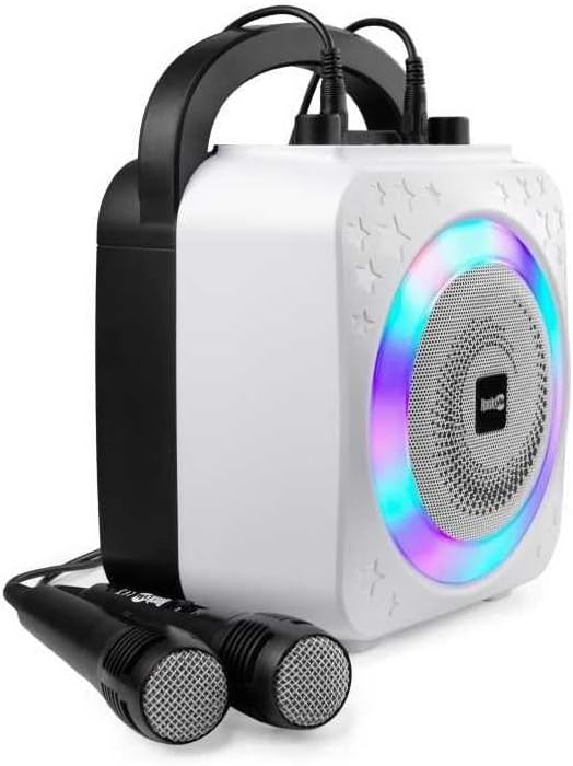 RockJam RJPS150 rechargeable Bluetooth karaoke machine with two wired microphones and a colored LED light display